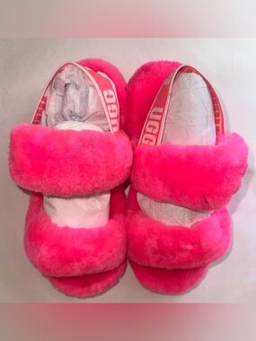 UGG Pink Fluff Slide Sandals with Branded Heel Strap
